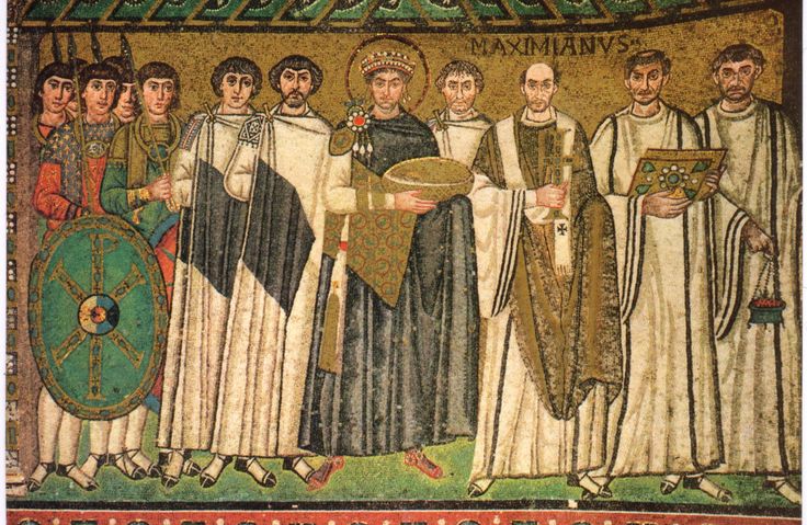 Byzantine Emperor Justinian I (527 – 565) and his court depicted on the walls of the Basilica of San Vitale in Ravenna, Italy.